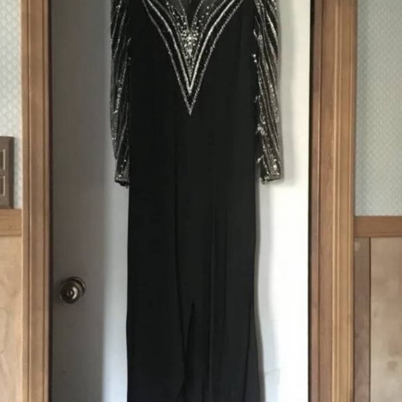 Bob Mackie Art Deco Gown Mandarin Neck Black Sheer Mesh, Deep V Plunge Beaded, - Picture 8 of 12
